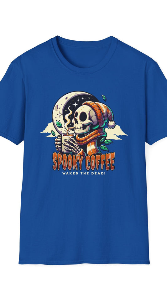 Blue t-shirt with a Halloween-themed design featuring a skeleton holding a coffee cup and text 'Spooky Coffee Wakes the Dead' on a white background.