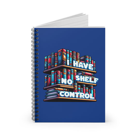 Notebook with colorful bookshelf design and text on a blue background