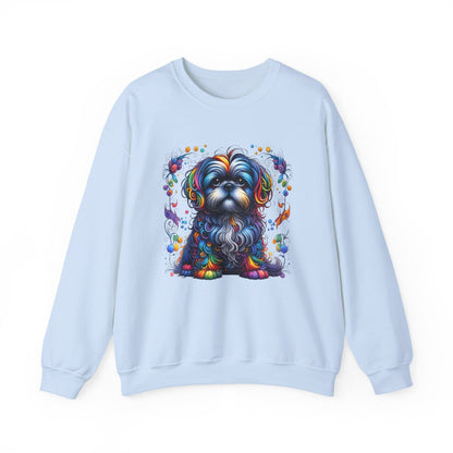 Light blue sweatshirt with a colorful shih tzu dog design on a white background