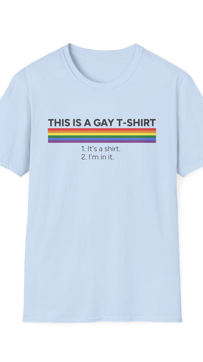 Light blue t-shirt with rainbow design and text on a white background