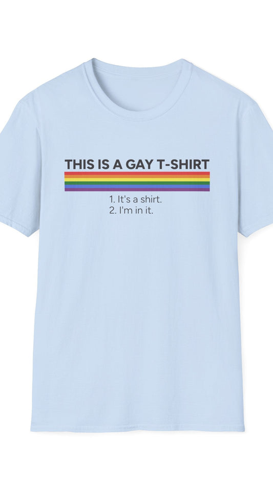 Light blue t-shirt with rainbow design and text on a white background