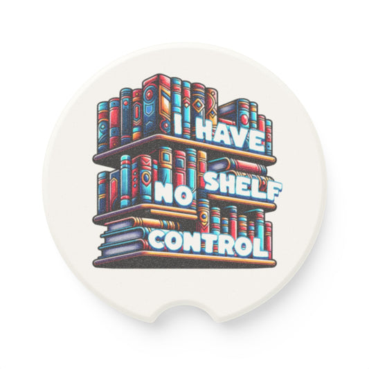 Round coaster with colorful book design and text 'I HAVE NO SHELF CONTROL' on a white background
