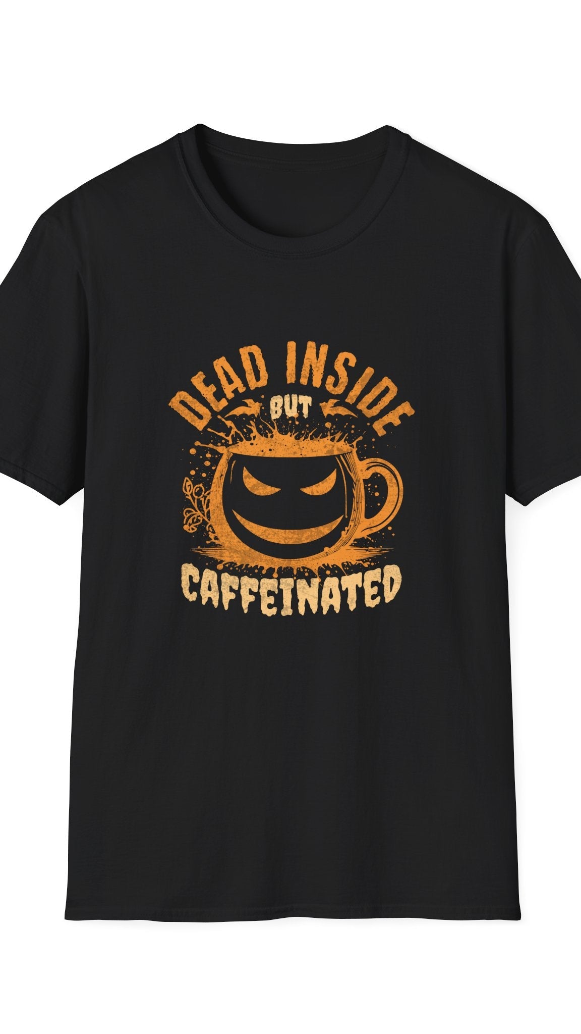 Black t-shirt with orange graphic and text on a white background