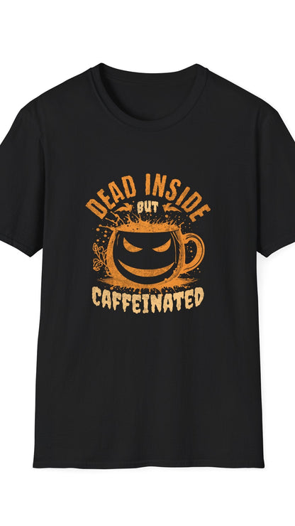 Black t-shirt with orange graphic and text on a white background