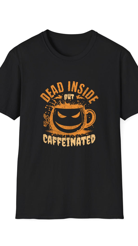 Black t-shirt with orange graphic and text on a white background