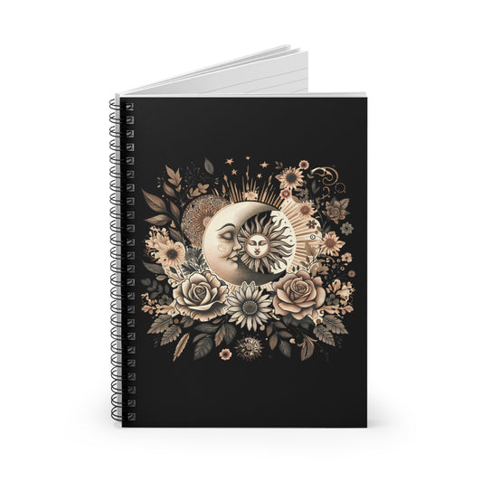 Spiral notebook with a floral sun and moon design on the cover, surrounded by celestial and botanical artwork