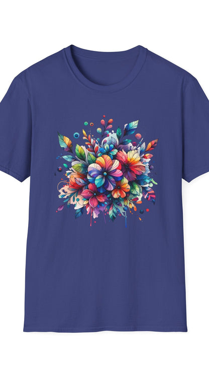 Blue t-shirt with a colorful floral design on a white background