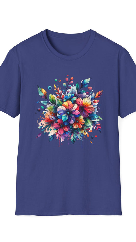 Blue t-shirt with a colorful floral design on a white background