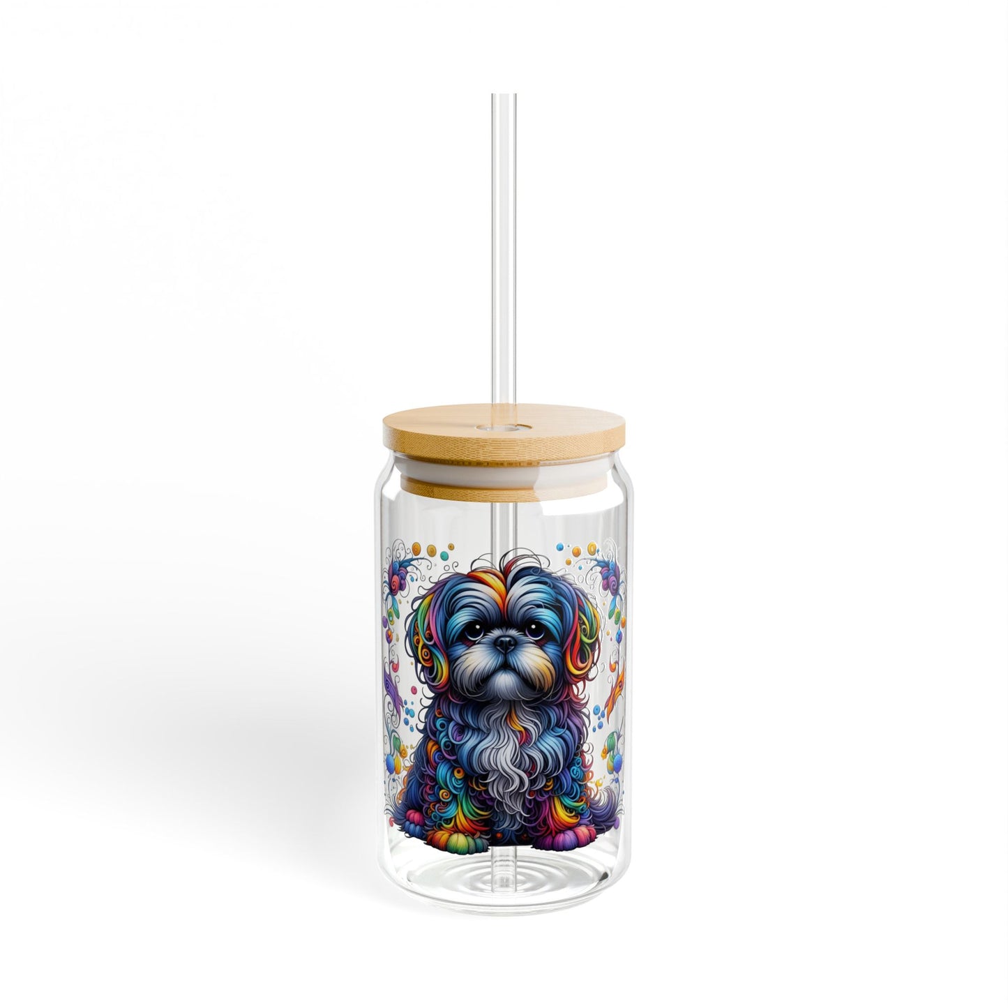 Colorful Shih Tzu Sipper Glass, 16oz with Bamboo Lid & Straw