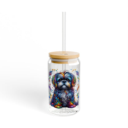 Colorful Shih Tzu Sipper Glass, 16oz with Bamboo Lid & Straw