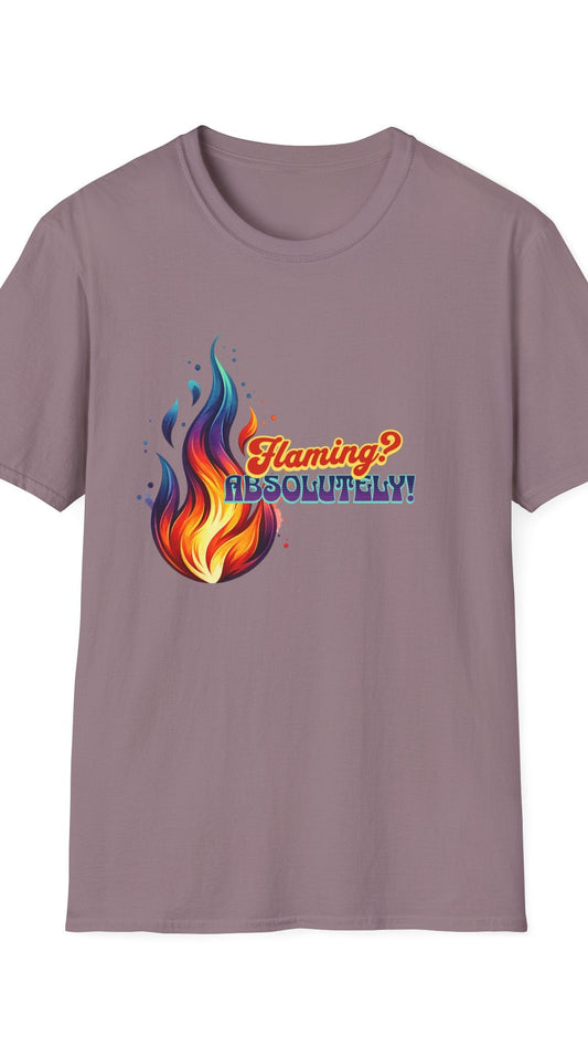 Purple t-shirt with colorful flame design and text on a white background