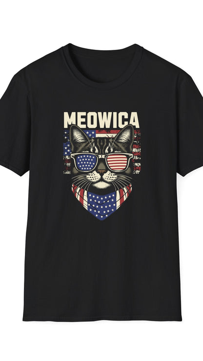 Black t-shirt with a cat graphic wearing sunglasses and the word 'MEOWICA' on a white background
