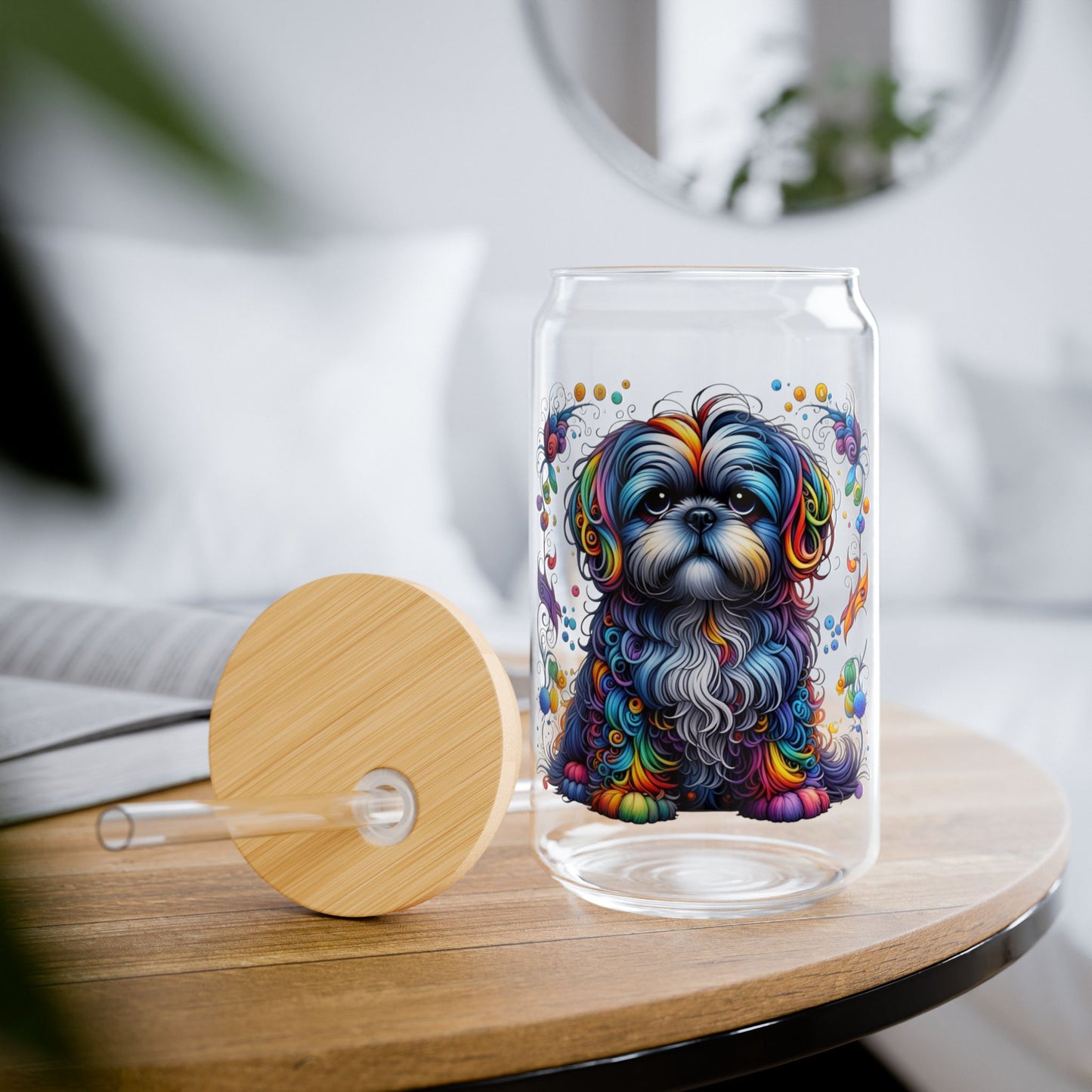 Colorful Shih Tzu Sipper Glass, 16oz with Bamboo Lid & Straw