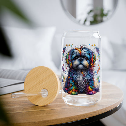 Colorful Shih Tzu Sipper Glass, 16oz with Bamboo Lid & Straw
