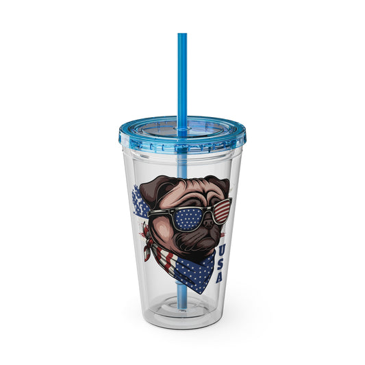 Patriotic Pug 16oz. Insulated Tumbler with Straw