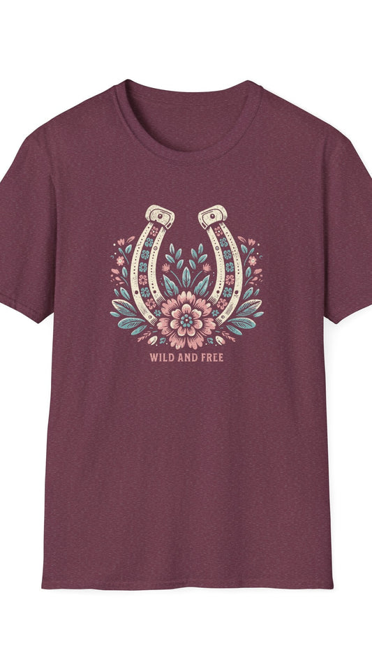 Maroon t-shirt with horseshoe and floral design on a white background