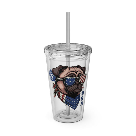 Acrylic tumbler featuring a pug wearing USA flag sunglasses and bandana with lid and straw