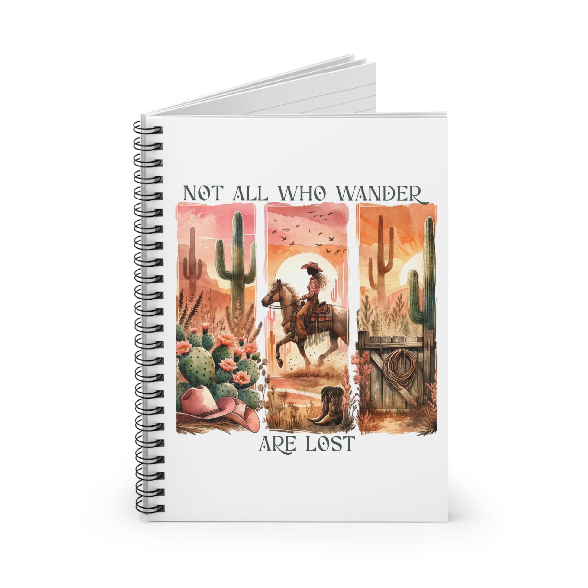 Spiral notebook with a western desert cover design and the quote “Not All Who Wander Are Lost”