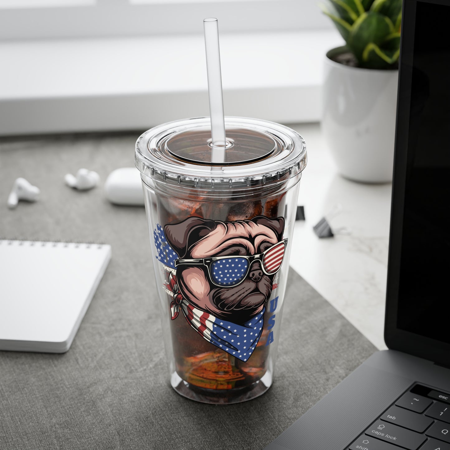 Patriotic Pug 16oz. Insulated Tumbler with Straw