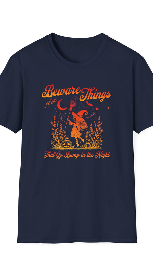 Navy blue t-shirt with orange graphic and text on a white background