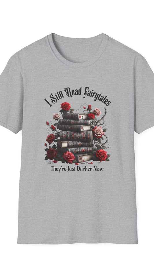 Gray t-shirt with book and rose design and text on a white background