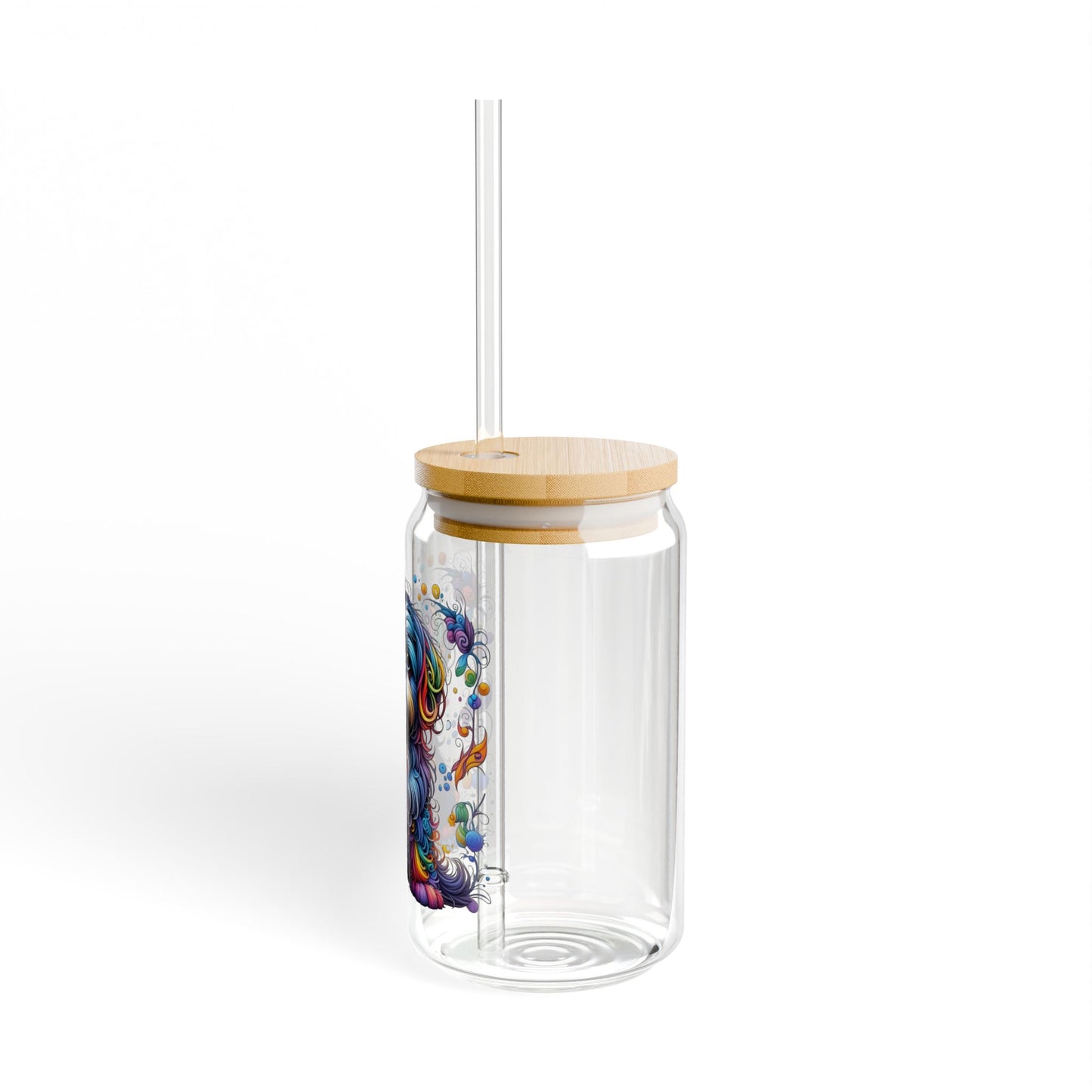 Colorful Shih Tzu Sipper Glass, 16oz with Bamboo Lid & Straw
