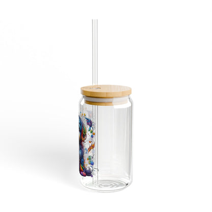 Colorful Shih Tzu Sipper Glass, 16oz with Bamboo Lid & Straw