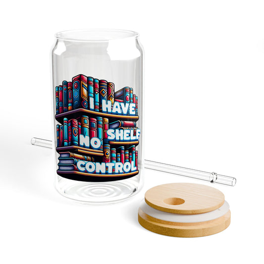 Glass tumbler with bookshelf design and text, wooden lid, and straw on a white background