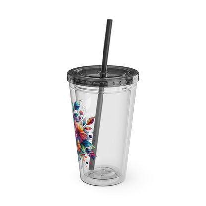 Rainbow Floral Explosion 16oz. Insulated Tumbler with Straw