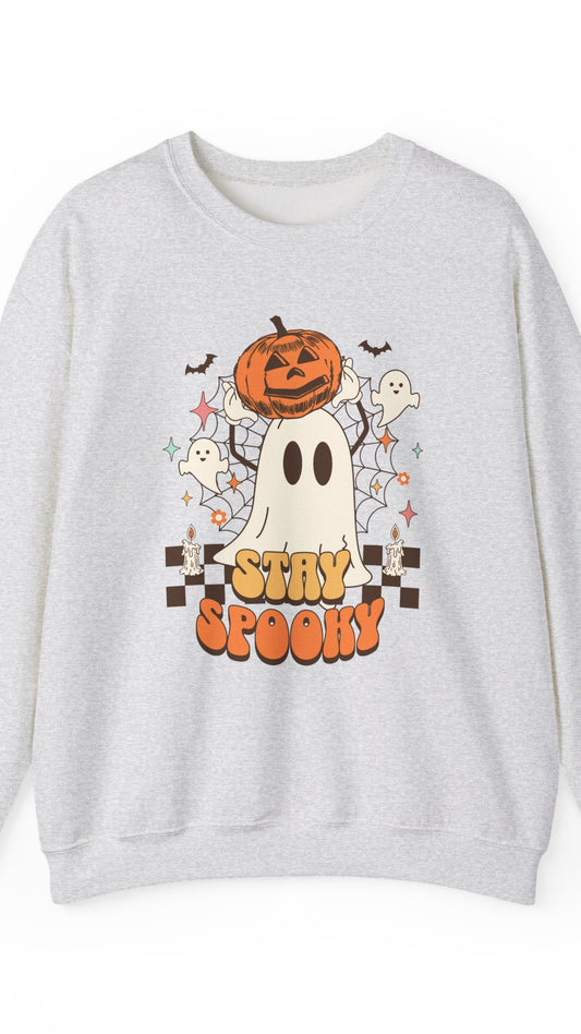 Gray sweatshirt with Halloween graphic featuring a ghost and pumpkin on a white background