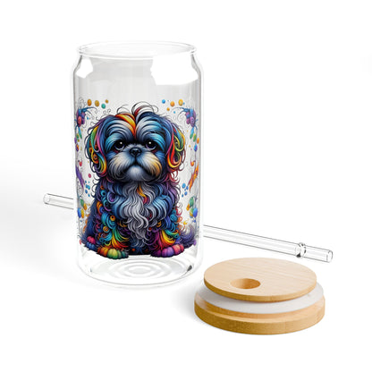 Colorful Shih Tzu Sipper Glass, 16oz with Bamboo Lid & Straw