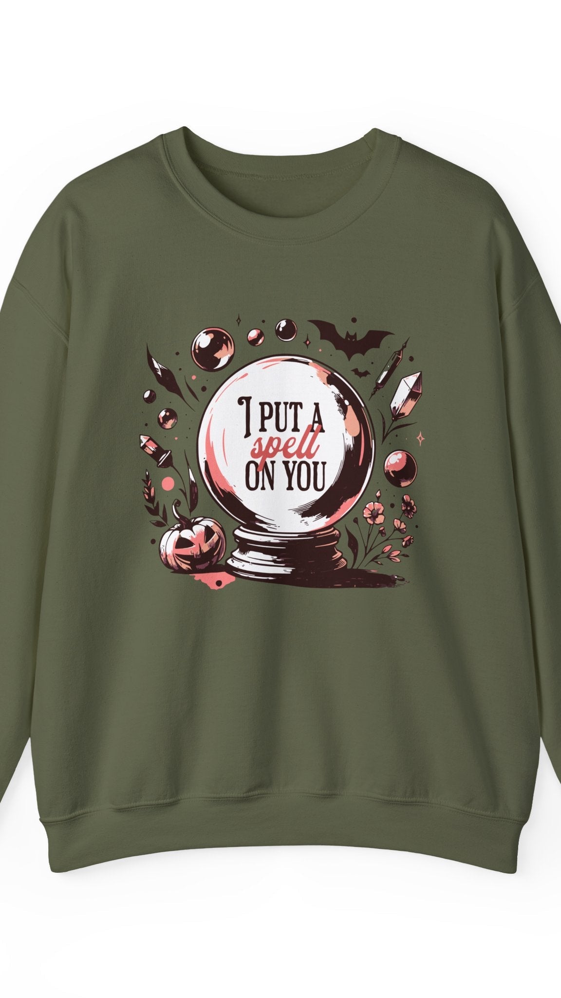 Green sweatshirt with a Halloween-themed graphic and text on a white background