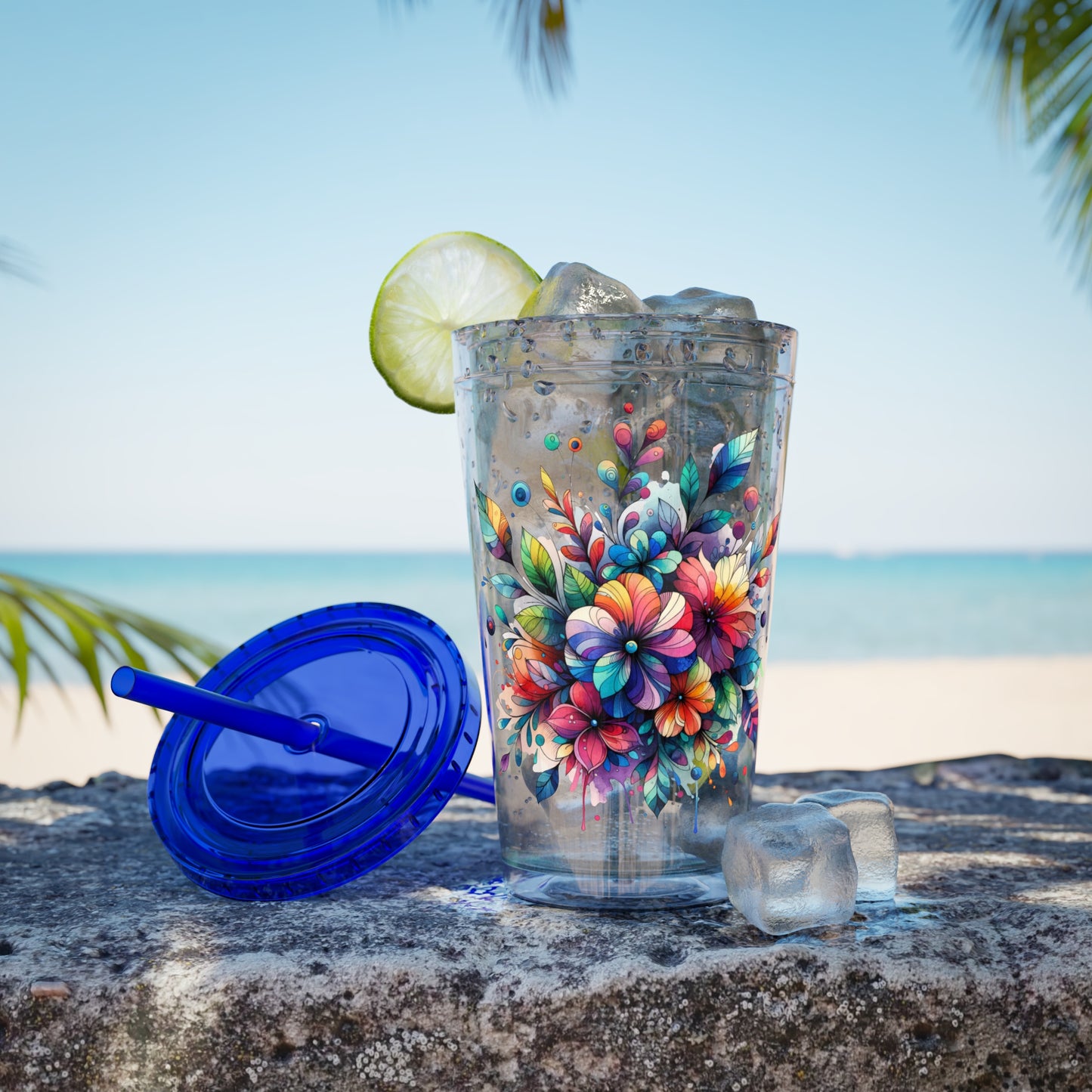 Rainbow Floral Explosion 16oz. Insulated Tumbler with Straw