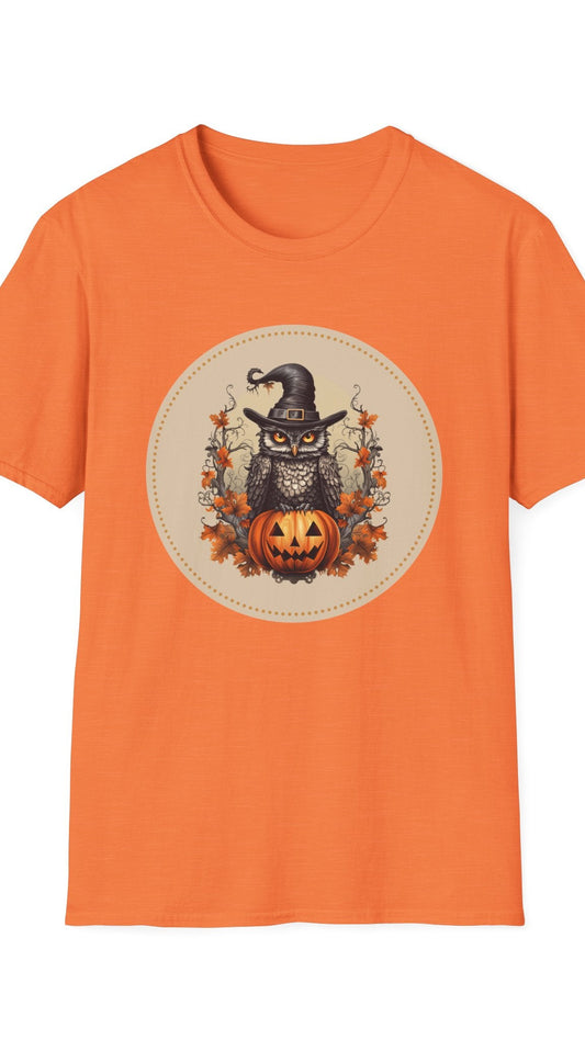 Orange t-shirt with a Halloween-themed graphic of an owl in a witch hat and pumpkin.