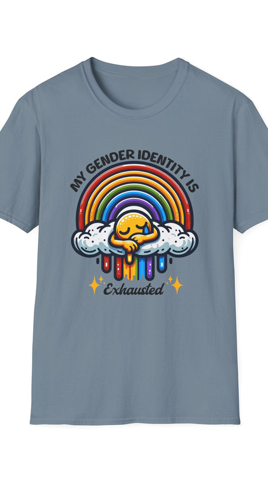 Gray t-shirt with rainbow and cloud design on a white background