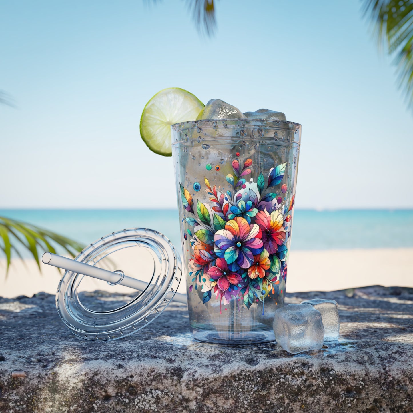 Rainbow Floral Explosion 16oz. Insulated Tumbler with Straw