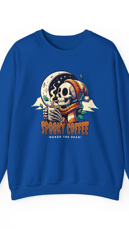 Blue sweatshirt with a skeleton and pumpkin design on a white background
