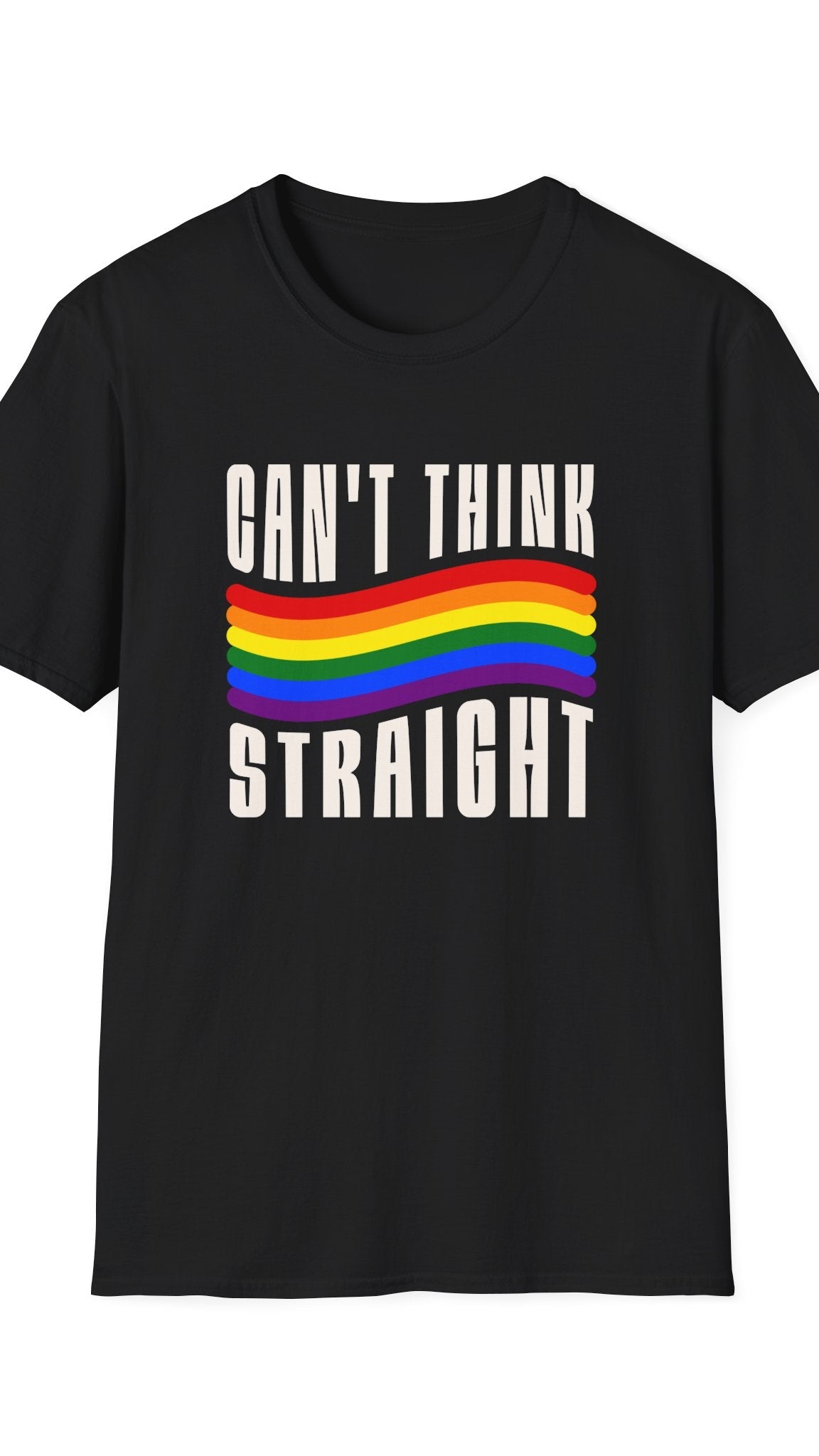 Black t-shirt with rainbow flag and text 'CAN'T THINK STRAIGHT' on a white background