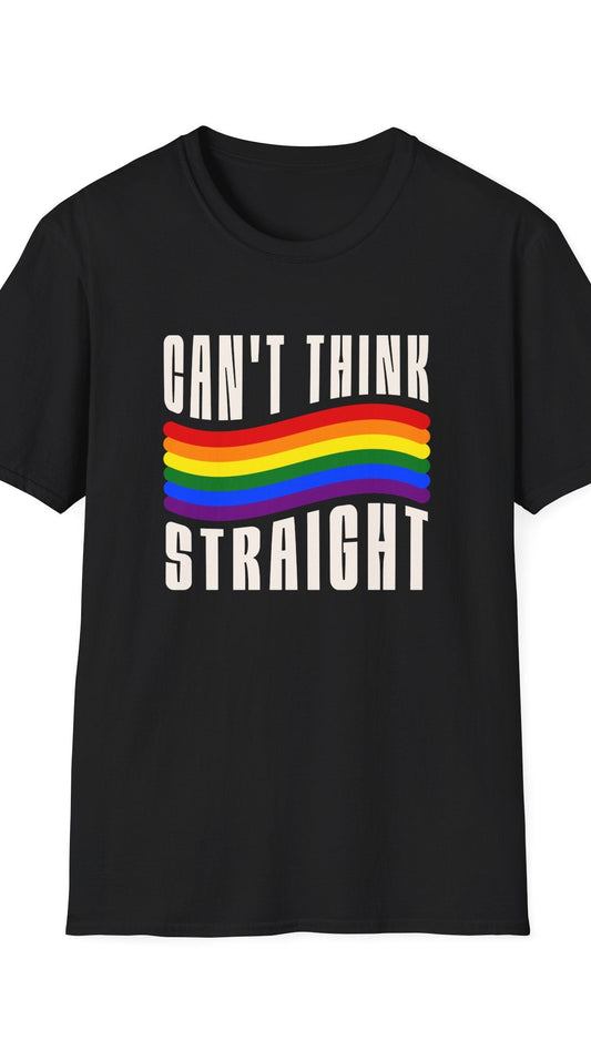 Black t-shirt with rainbow flag and text 'CAN'T THINK STRAIGHT' on a white background