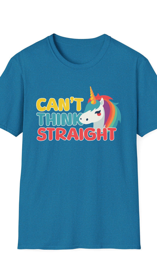 Blue t-shirt with a unicorn graphic and text 'CAN'T THINK STRAIGHT' on a white background