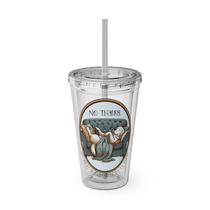 Acrylic tumbler with a cartoon golden retriever lounging on a couch, surrounded by the words “No Thanks. It’s Way Too Peopley Out There.”