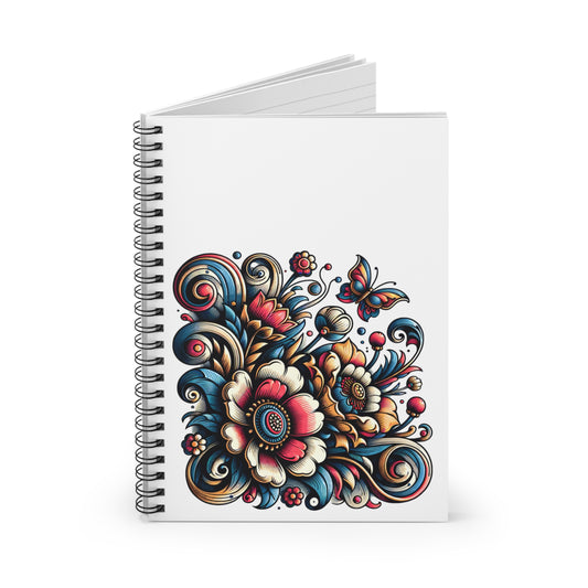Spiral-bound notebook featuring colorful floral and butterfly artwork on a white cover