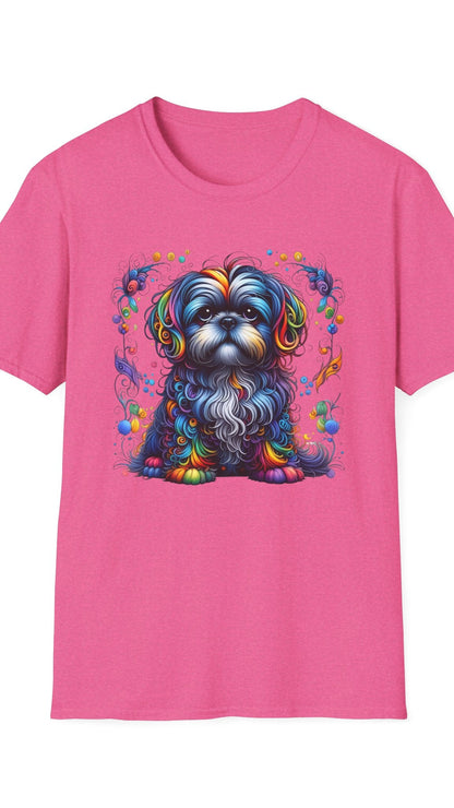 Pink t-shirt with a colorful dog graphic on a white background
