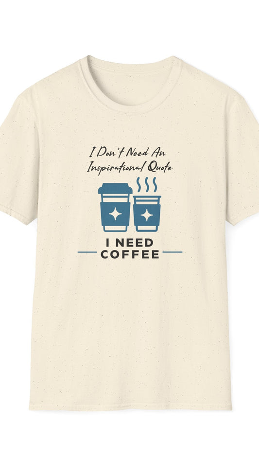Beige t-shirt with coffee-themed text and graphics on a white background