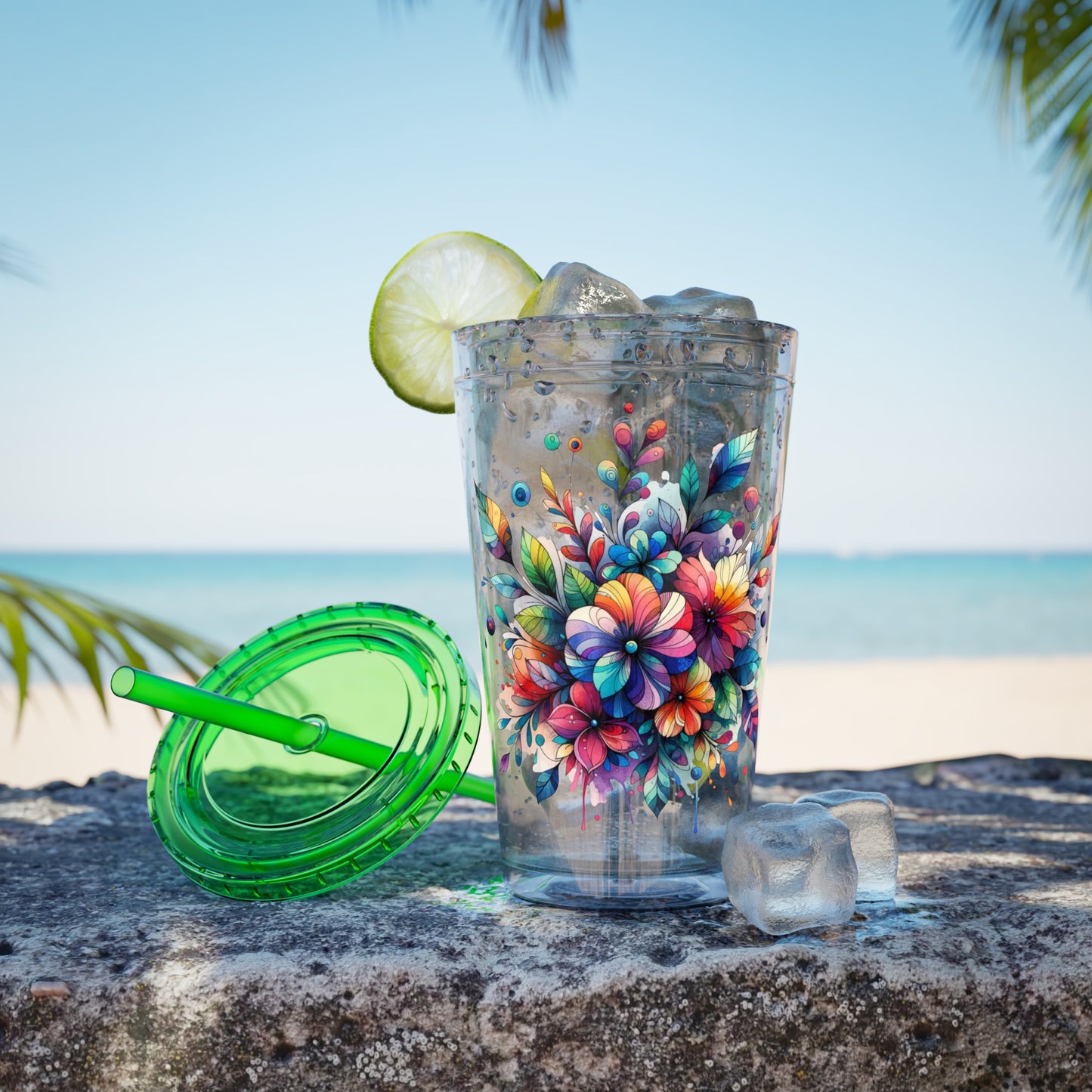 Rainbow Floral Explosion 16oz. Insulated Tumbler with Straw