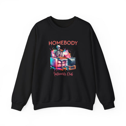 Black sweatshirt with colorful graphic and 'Homebody' text on a white background